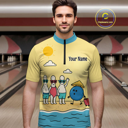 Summer Bowling Shirt Custom Quarter-Zip Bowling Jersey Funny Bowling Pins and Ball QZT695