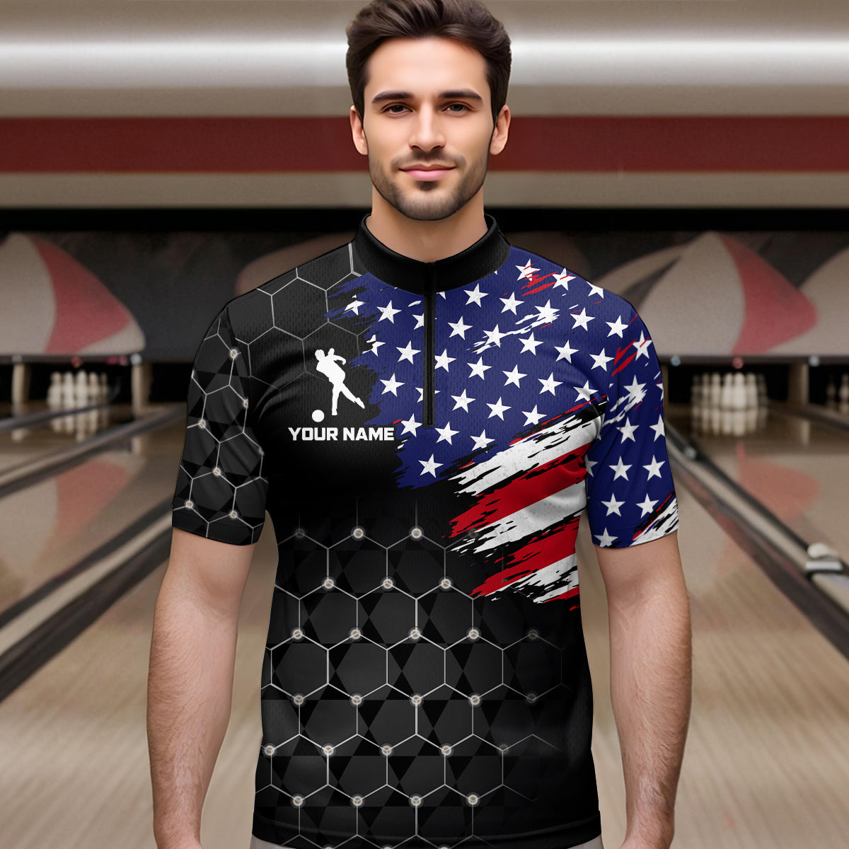 American Flag Bowling Shirts for Men Women Patriotic Bowling Jersey Polo&1/4 Zip Shirt MBL09