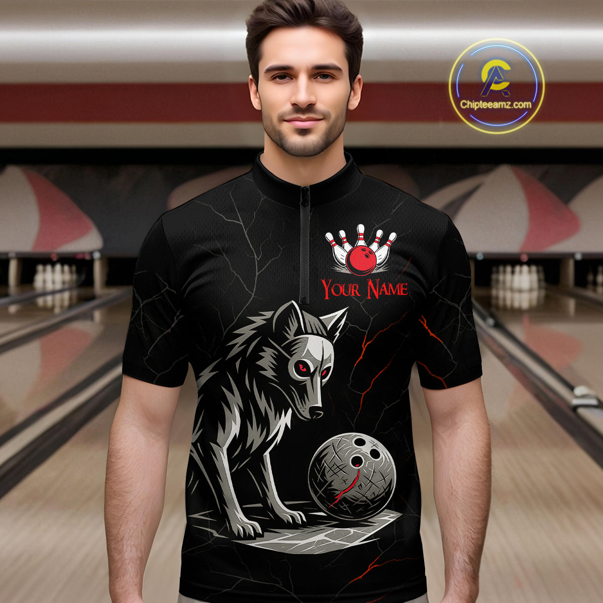 Wolf Bowling Shirt for Men Custom Bowling Team Jersey Black Polo & Quarter-Zip Bowling Unisex QZT700