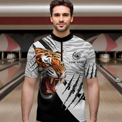 Black & White Bowling Shirt Tiger Bowling Team Jersey Quarter Zip Bowling for Men & Women QZT641