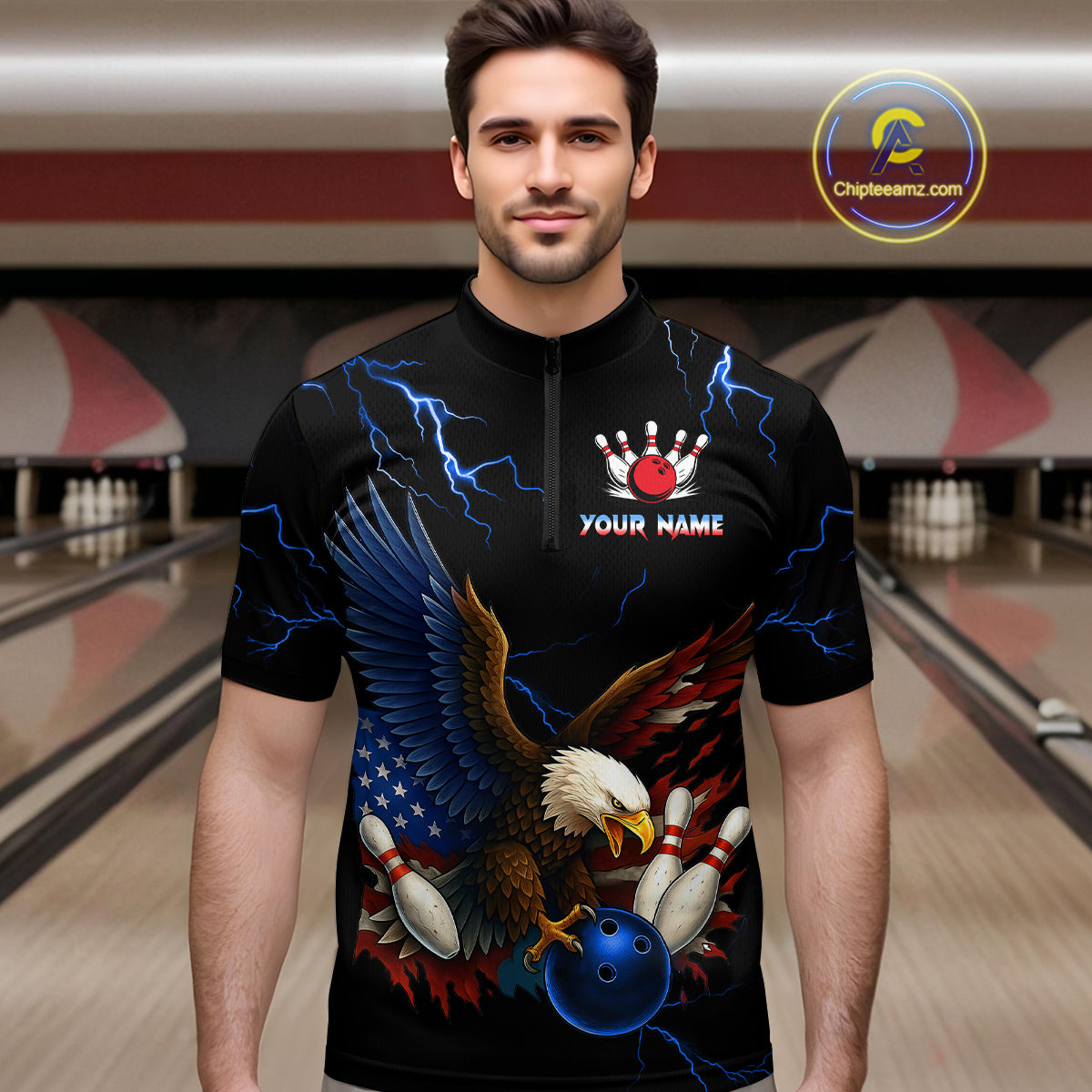 Blue Thunder US Flag Eagle Bowling Shirts for Men Team Bowling Polo & Quarter-Zip HNT96