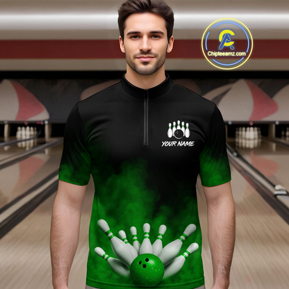 Green Smoke Bowling Shirts for Men Women Team Personalized Bowling Polo and Quarter Zip MBL130