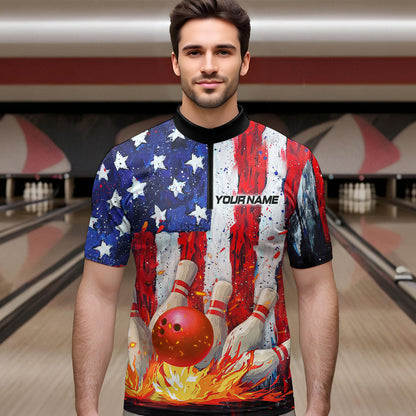 Fire American Flag Bowling Shirt Patriotic Bowling Jersey Men Women Team Polo&1/4 Zip MBL65