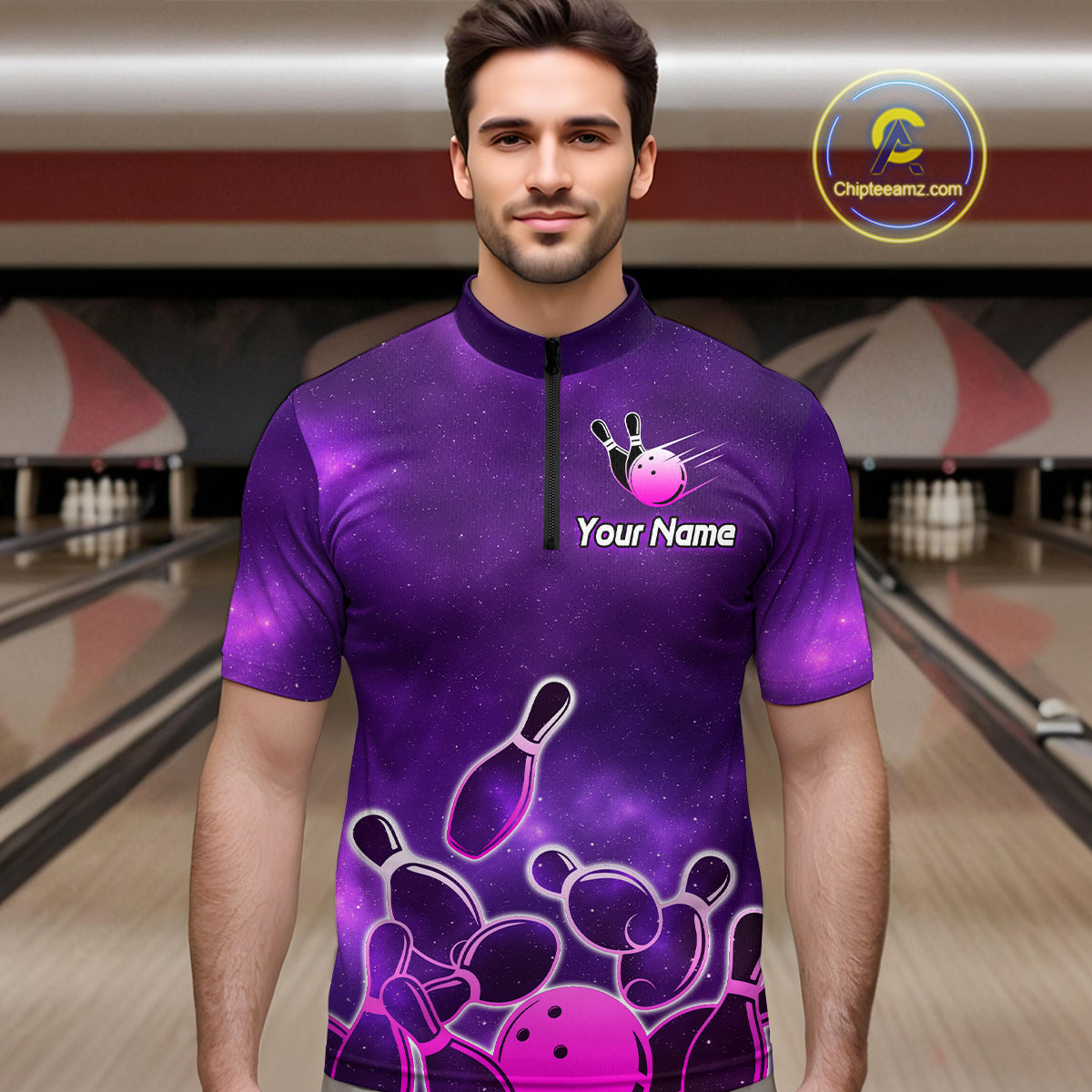 Purple Neon Bowling Shirts for Women Men Custom Team Bowling Polo & Quarter Zip MBL127