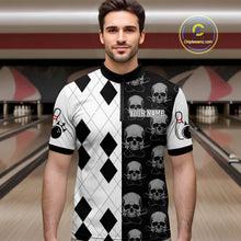 Load image into Gallery viewer, Black &amp; White Bowling Shirt Custom Skull Quarter-Zip Bowling Jersey Gift for Bowlers QZT693