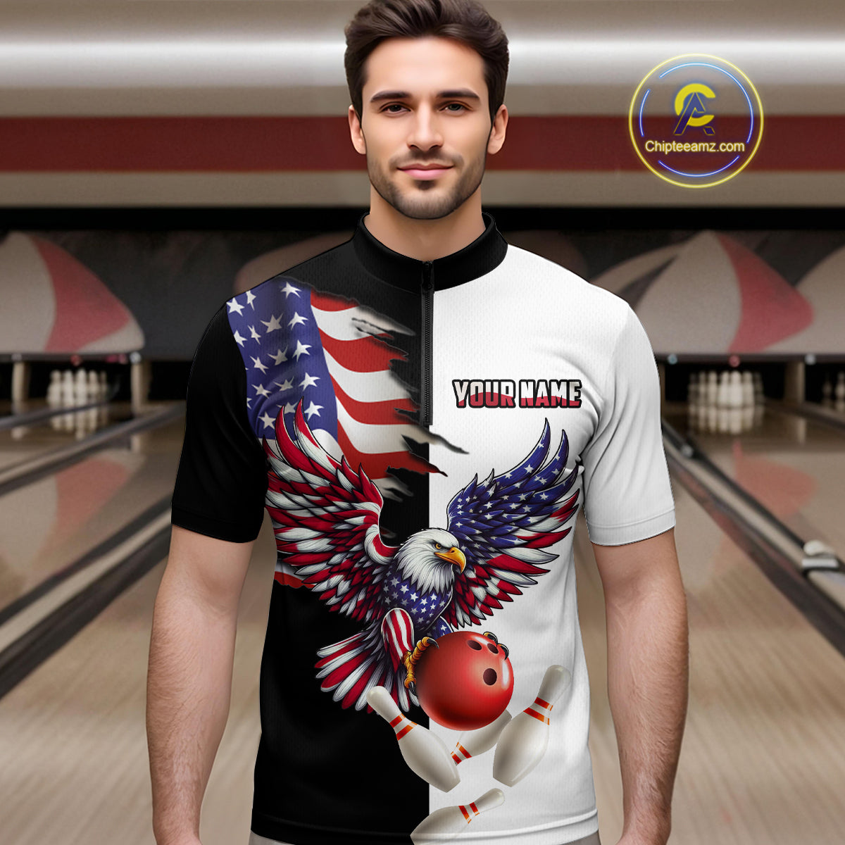 American Eagle Quarter-Zip Bowling Shirt Custom Black & White Bowling Jersey for Men And Women QZT686