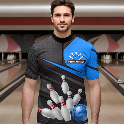 Blue Bowling Shirt for Men&Women Team Bowling Jersey Colorful Bowling Polo & 1/4 Zip MBL49