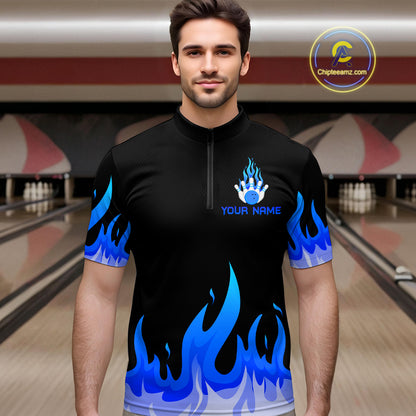 Custom Blue Flame Bowling Shirts for Men Polo & Quarter-Zip Bowling Team Jerseys HNT82
