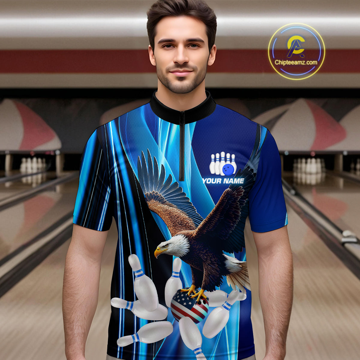 Custom Blue Eagle Bowling Shirt for Men Women Team Bowling Polo Shirts & 1/4 Zip MBL95