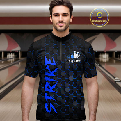 Custom Strike Blue Bowling Men Bowling Shirt Polo & Quarter-Zip Bowling Team Jerseys HNT79