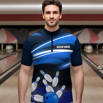 Custom Blue Bowling Jersey Bowling Team Shirts For Men Bowling League Polo & 1/4 Zip HNT163