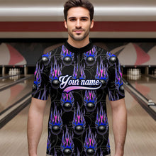 Load image into Gallery viewer, Black Bowling Ball Camo Blue Flame Bowling Polo, 1/4 Zip Shirt for Men Custom Bowling Team Jersey NQS9480