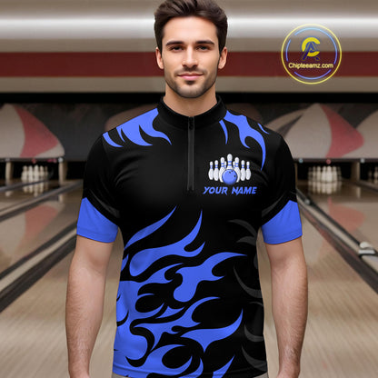 Black and Blue Flame Bowling shirts for Men Custom team bowling jerseys, mens bowling apparel NQS10267