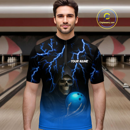 Custom Blue Thunder Skeleton Bowling Jersey for Men Bowling Polo & 1/4 Zip Bowling Team Shirts HNT108