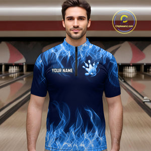 Custom Blue Flame Bowling Jersey for Men Bowling Uniform Polo & 1/4 Zip Bowling Team Shirts HNT106
