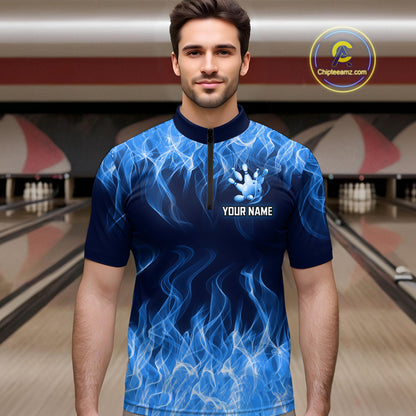Custom Blue Flame Bowling Jersey for Men Polo & 1/4 Zip Bowling Team Shirts Bowling League HNT150