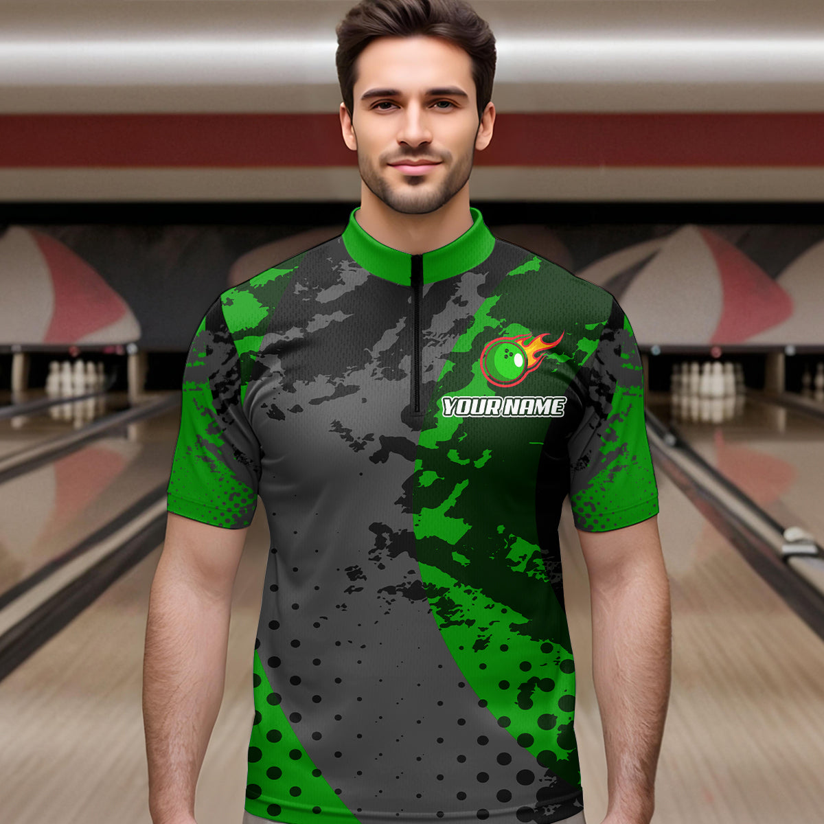 Fire Bowling Shirt Custom Green Bowling Jersey for Men Women with Team Name MBL63