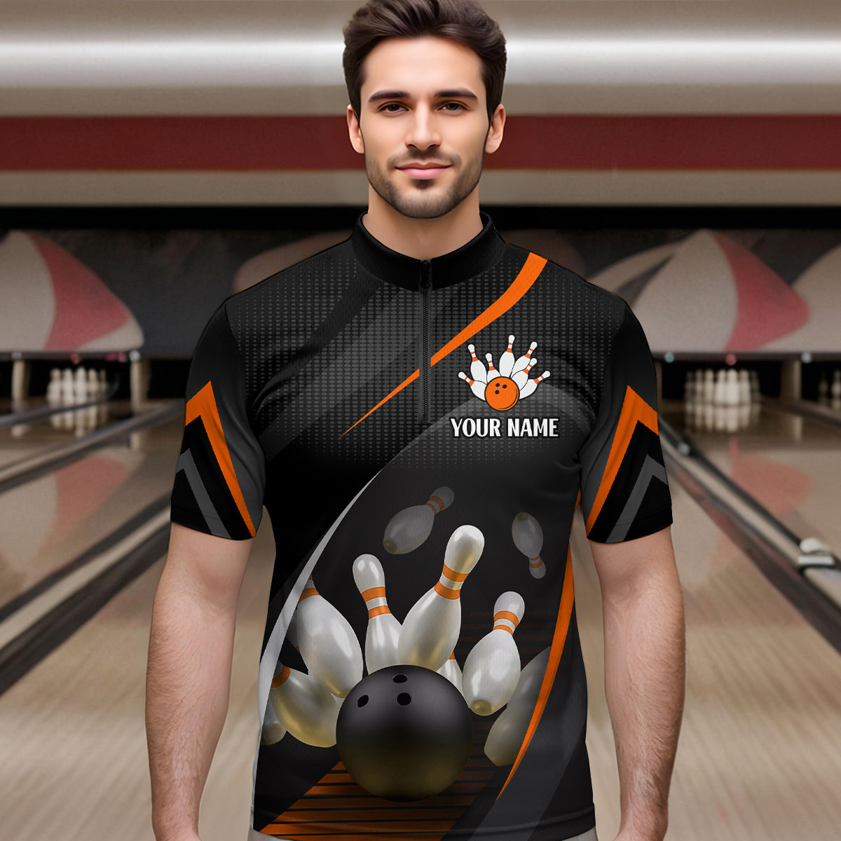 Orange Bowling Shirts for Men Women Team Custom Bowling Polo & Quarter Zip Shirt MBL71