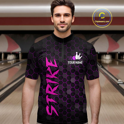 Custom Strike Purple Bowling Men Bowling Shirt Polo & Quarter-Zip Bowling Team Jerseys HNT79