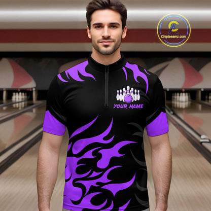 Black and Purple Flame Bowling shirts for Men Custom team bowling jerseys, mens bowling apparel NQS10269