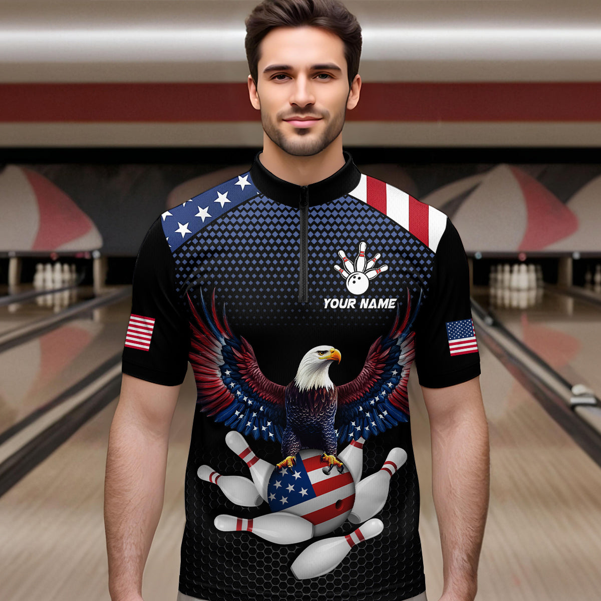 Man wearing custom american flag with eagle bowling quarter-zip shirt, front view mockup, personalized bowling league jersey.