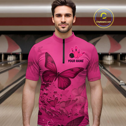 Pink Butterflies Bowling Shirts for Women Men Team Custom Bowling Polo and 1/4 Zip MBL121