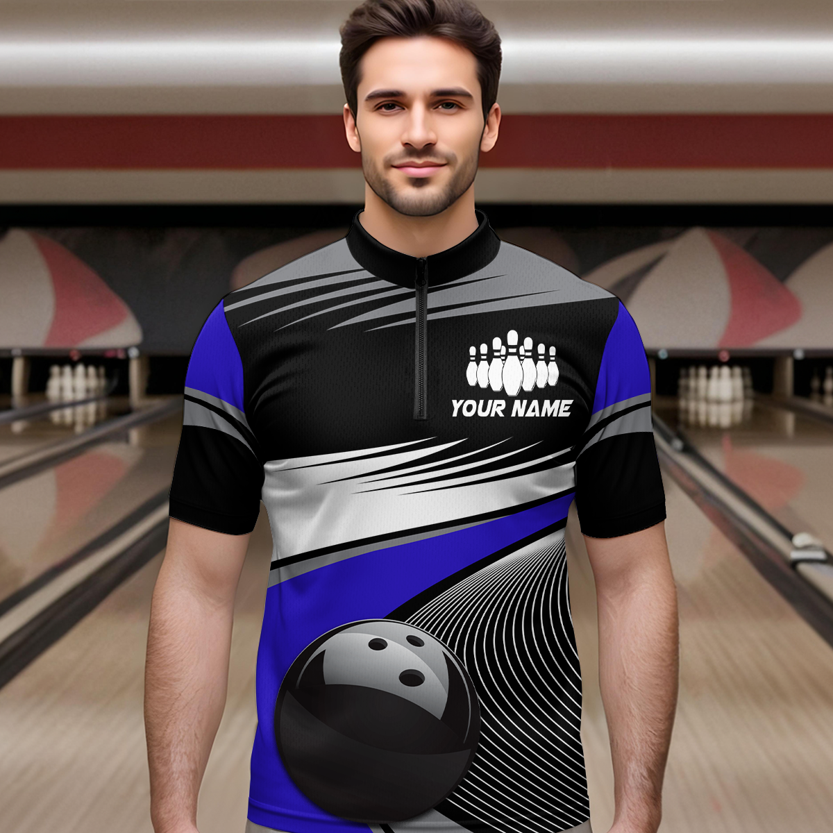 Black&Blue Bowling Shirt for Men Women Team Custom Bowling Polo & 1/4 Zip Shirt MBL43