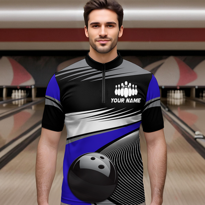 Black&Blue Bowling Shirt for Men Women Team Custom Bowling Polo & 1/4 Zip Shirt MBL43