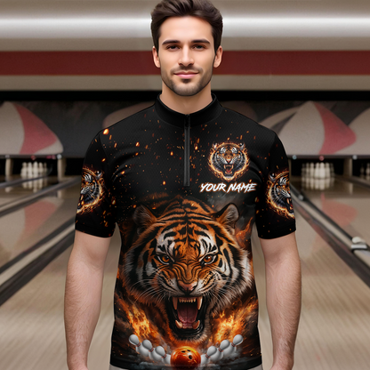 Custom Flame Tiger Bowling Shirt Orange Quarter Zip Bowling Jersey for Men and Women Gifts QZT639