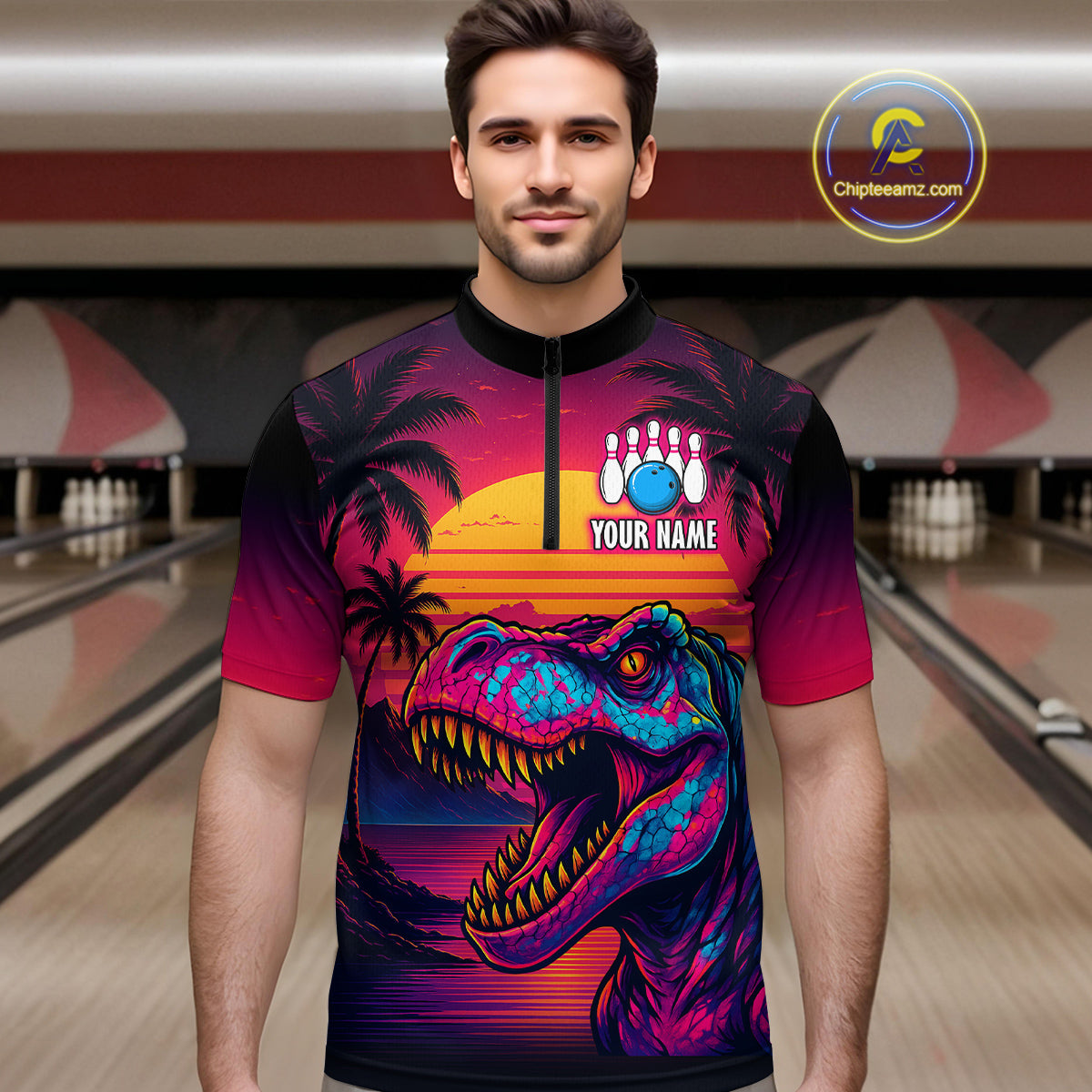 Custom Neon Dinosaur Bowling Men Bowling Shirt Polo & Quarter-Zip Bowling Team Jerseys HNT78