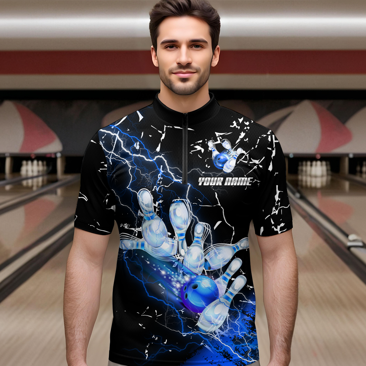Custom Bllue Lightning Bowling Shirts for Men Women Team Bowling Polo & 1/4 Zip MBL80