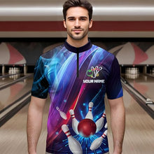 Load image into Gallery viewer, Personalized Galaxy Bowling Pins and Ball Shirt Blue &amp; Purple Neon 1/4-Zip Bowling Team League QZT664