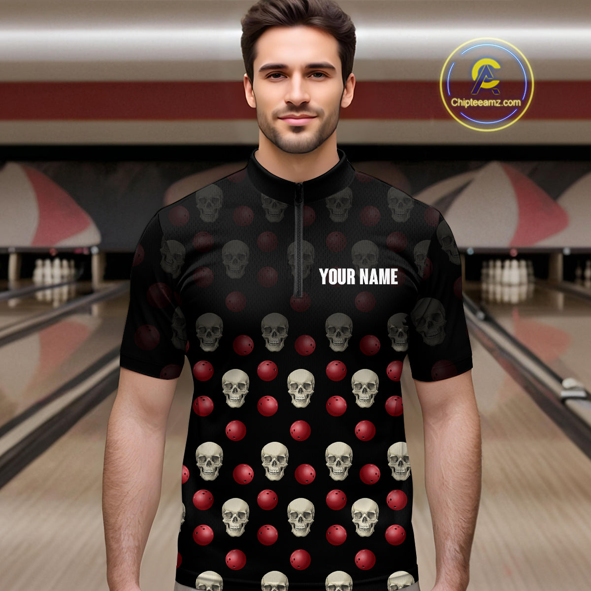 Skull Bowling Shirt Personalized Quarter-Zip Bowling Team jersey Pattern Bowling League QZT690