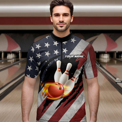 American Flag Bowling Shirt Fire Patriotic Bowling Shirts for Men Women Bowling Jersey MBL19