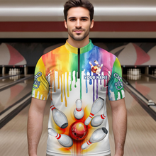 Load image into Gallery viewer, Rainbow Bowling Shirt for Men Women Personalized Quarter-Zip Bowling Jersey Bowling Outfit QZT680