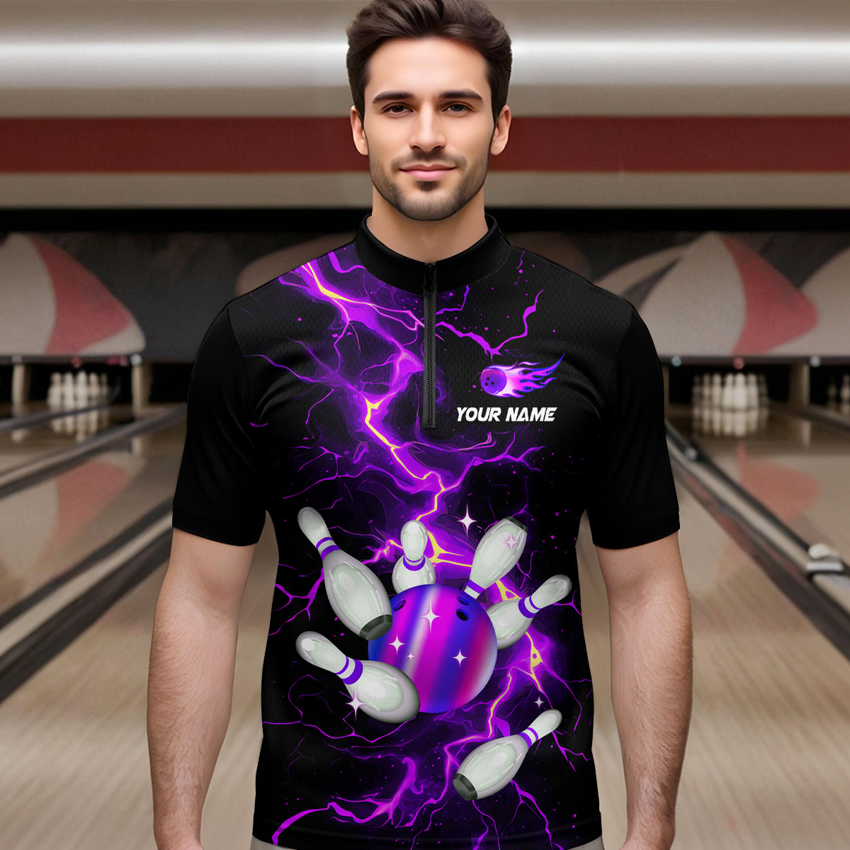 Black and Purple Lightning Bowling Shirts For Men Custom Bowling Team Uniform Bowlers Outfits NQS9597