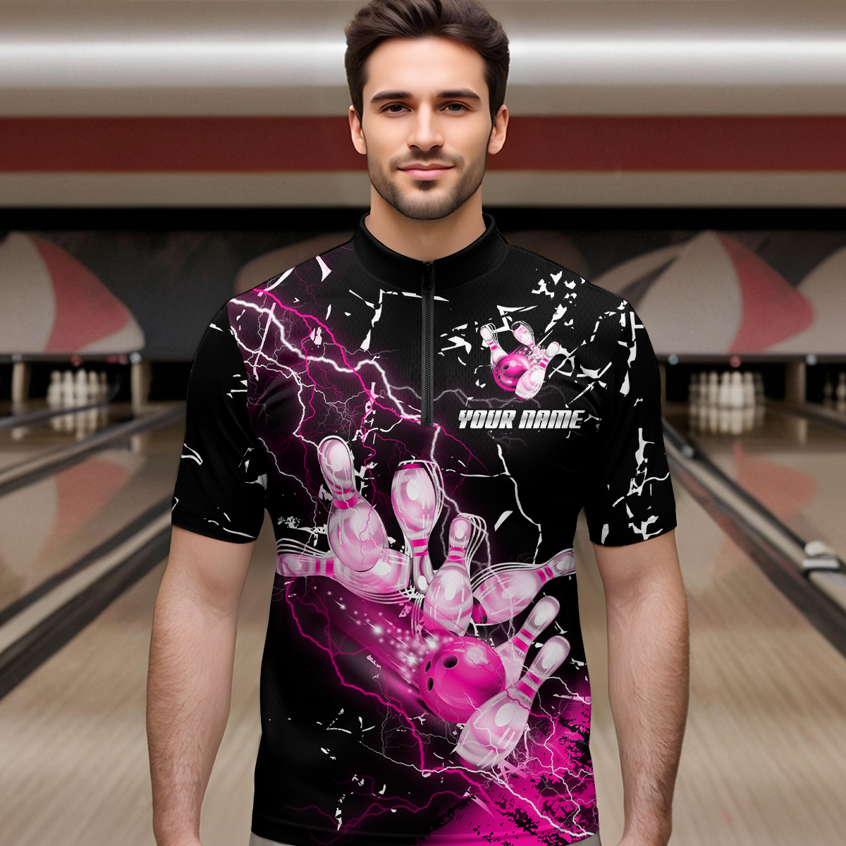 Custom Pink Lightning Bowling Shirts for Men Women Team Bowling Polo & 1/4 Zip MBL80