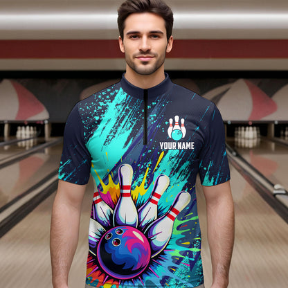 Custom Teal Bowling Shirt for Women Men Bowling Water Color Bowling Polo & 1/4 Zip Shirts MBL37