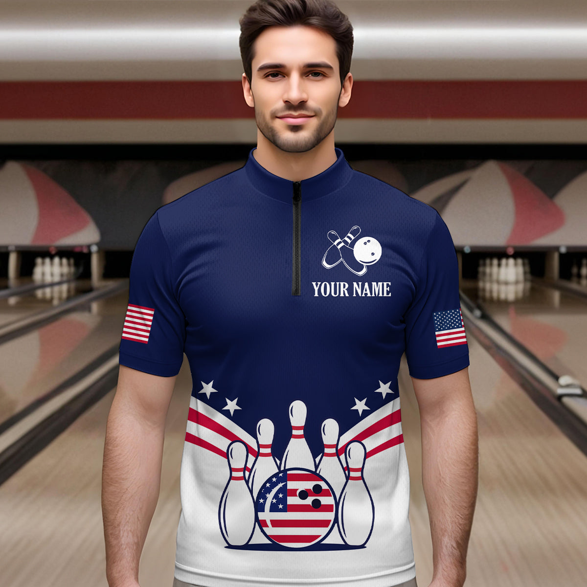 Patriotic Blue Bowling Shirt for Men Women Team Custom Bowling Polo & 1/4 Zip Shirt MBL30