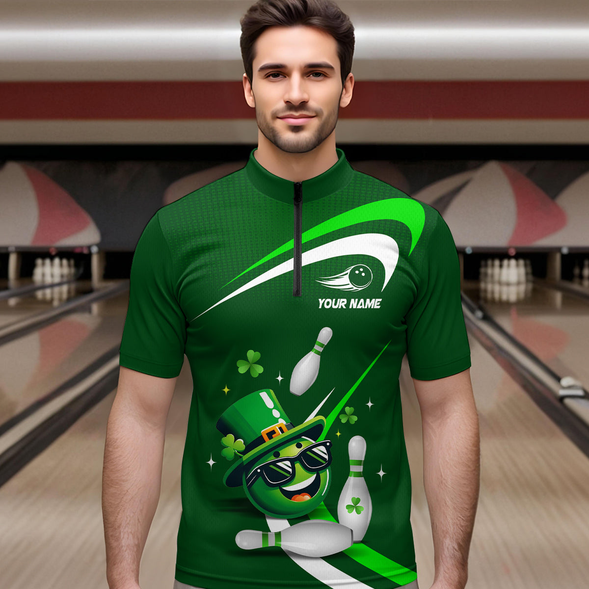 Custom Green St Patrick Day Bowling Shirt Lucky Funny Quarter-Zip Bowling Jersey QZT623