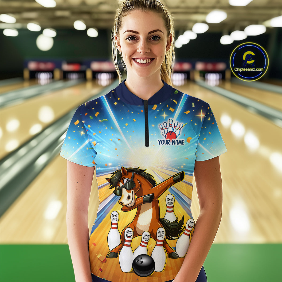 Funny Horse Bowling Jersey for Women Custom Bowling Team Shirts Bowling League Polo & 1/4 Zip HNT182