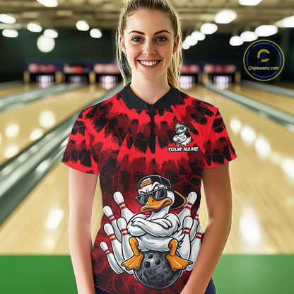Custom Red Funny Duck Bowling Jersey for Women Bowling Uniform Polo & 1/4 Zip Bowling Team Shirts HNT238