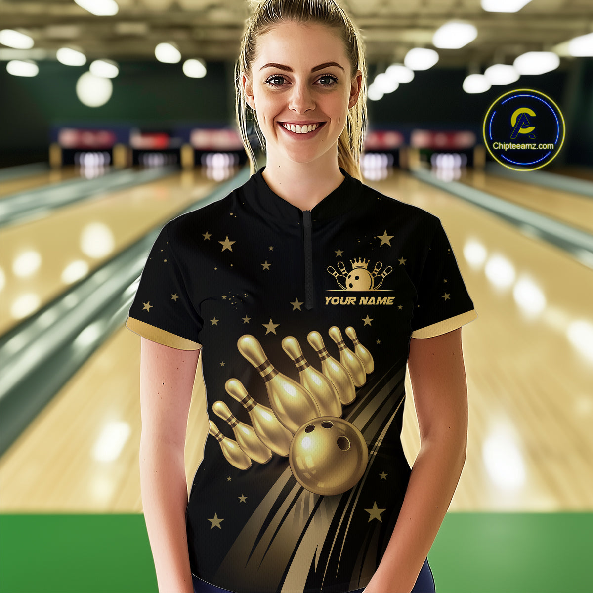 Custom Black and Gold Bowling Jersey for Women Bowling Team Shirts Bowling Uniform Polo & 1/4 Zip HNT176