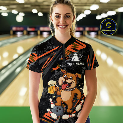 Custom Orange Funny Bulldog & Beer Bowling Shirt Women Bowling Team Jersey League Polo & 1/4 Zip QZT812