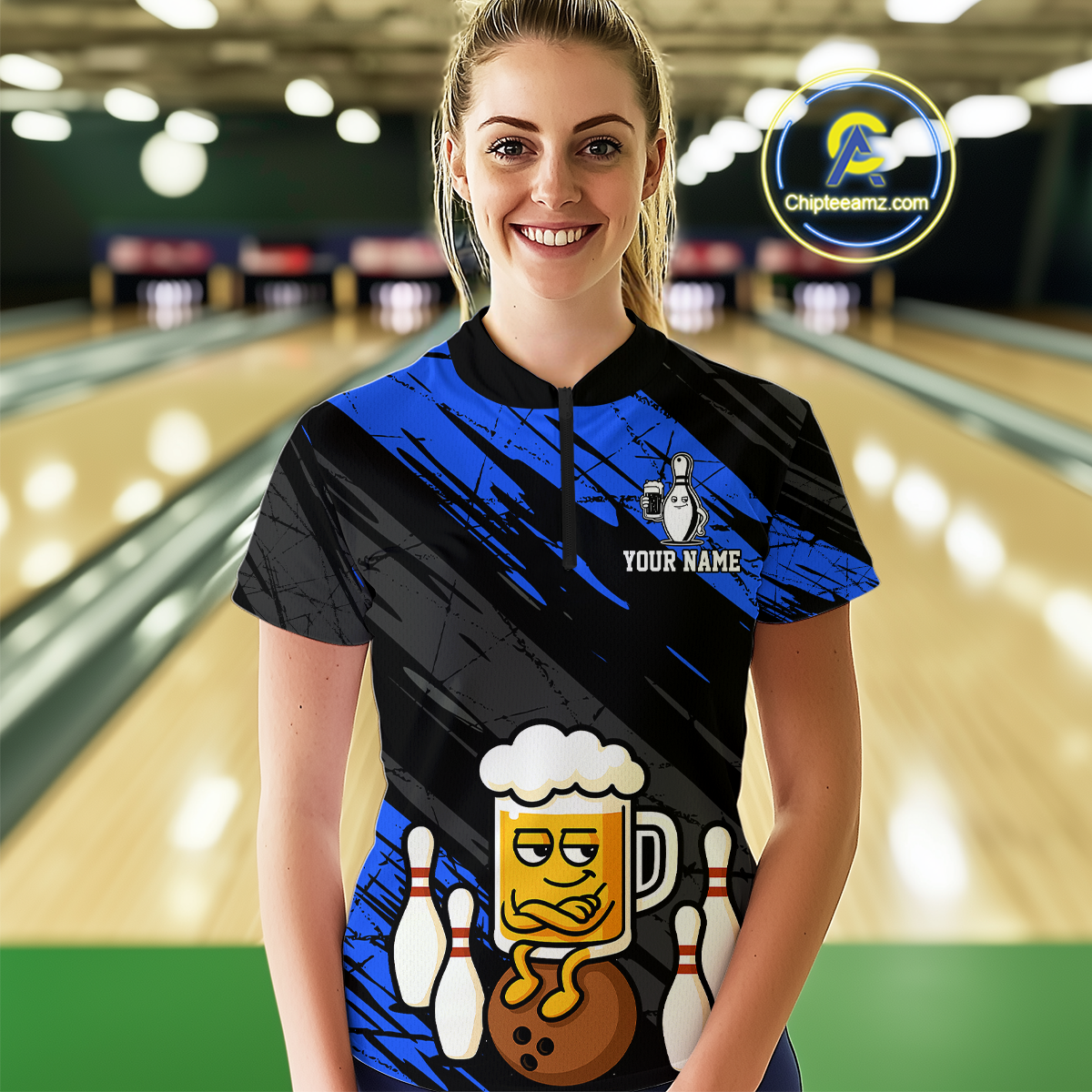 Custom Blue Funny Beer Bowling Jersey for Women Bowling Uniform Polo & 1/4 Zip Bowling Team Shirts HNT107