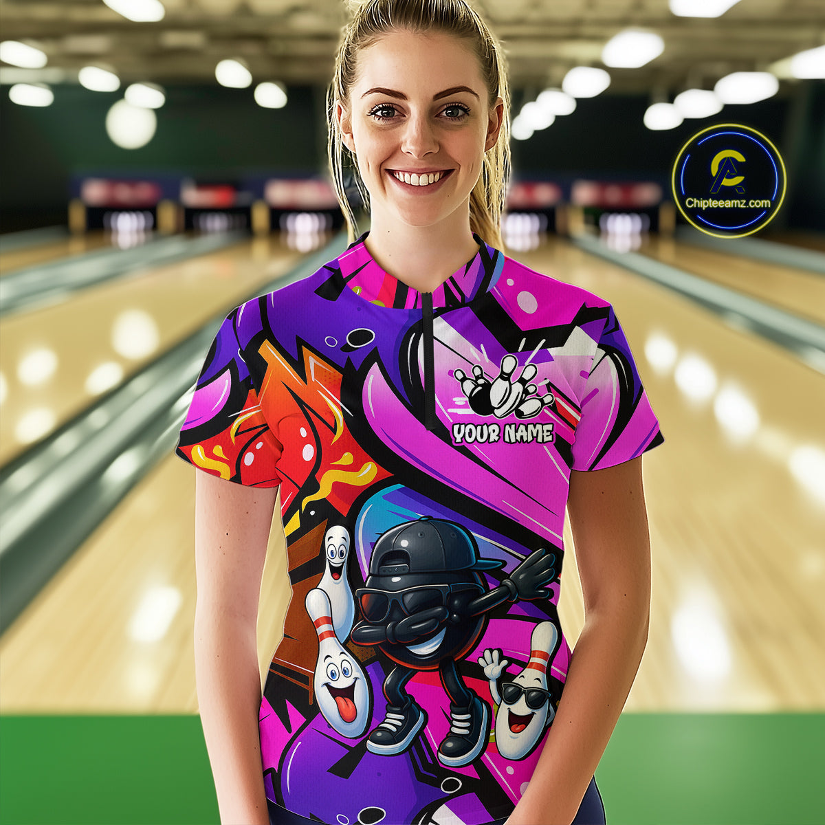 Custom Funny Bowling Jersey for Women Bowling Uniform Bowling Team Shirts Polo & 1/4 Zip HNT130