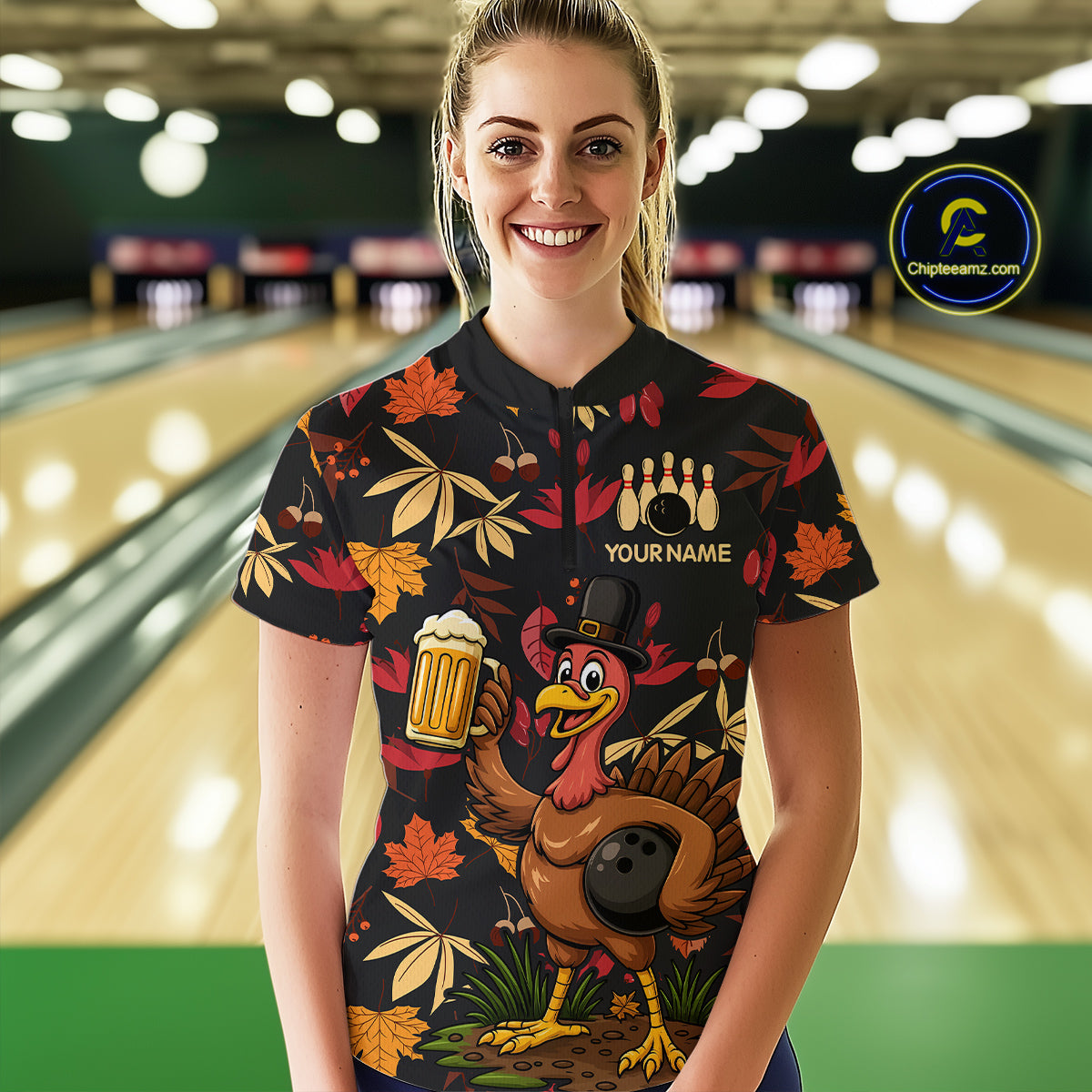 Funny Turkey Bowling Beer Thanksgiving pattern Custom Team bowling outfits for women, bowling gifts NQS10963