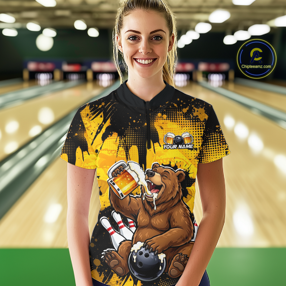 Custom Beer Bear Bowling Jersey for Women Bowling Team Shirts Bowling Polo & 1/4 Zip HNT265
