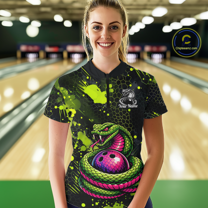 Green Cobra Snake Bowling Team Shirts Custom Name Bowling Jersey for Women Polo & 1/4 Zip HNT546