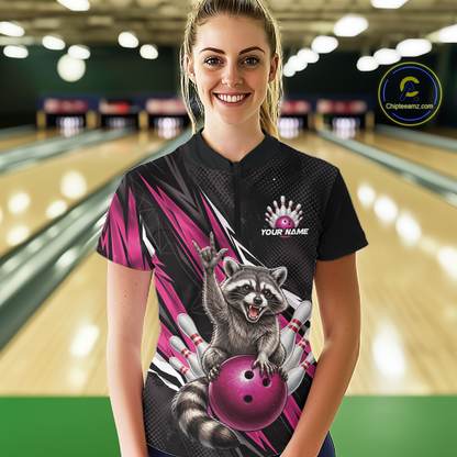 Custom Pink Raccoon Bowling Jersey for Women Bowling Team Shirts Bowling Polo & 1/4 Zip HNT254